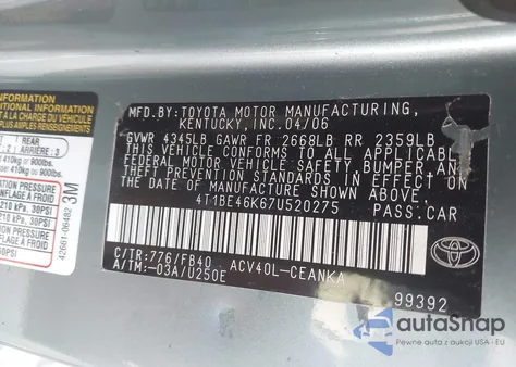 2007 Toyota Camry Le z USA, uszkodzony, nr VIN 4T1BE46K67U520275